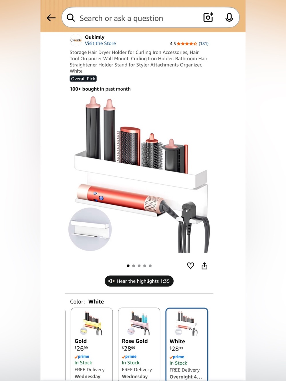 NIB-White Wall-Mount Hair Tool Organizer for NIB-Dryer & Styling Accessories